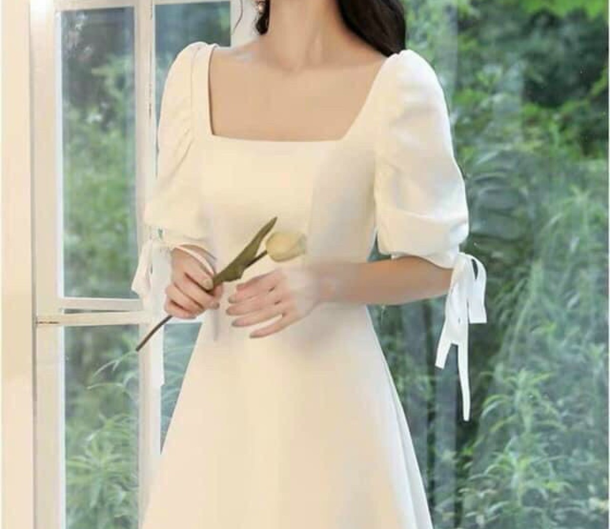 Đầm trắng hoa nổi cổ vuông tay phồng nơ sau lưng  Bỏ Sỉ Quần Áo