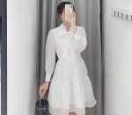 Đầm Trắng Xanh Nơ Ngực Nơ Tầng