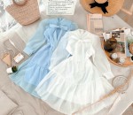 Đầm Trắng Xanh Nơ Ngực Nơ Tầng