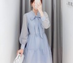 Đầm Trắng Xanh Nơ Ngực Nơ Tầng