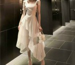 Đầm Trắng 2 Dây Cúp Phối Lưới Vạt Xéo