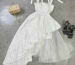 Đầm Trắng 2 Dây Cúp Phối Lưới Vạt Xéo