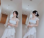 Đầm Trắng 2 Dây Cúp Phối Lưới Vạt Xéo