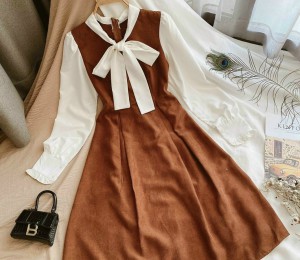 Đầm nâu phối tay cổ nơ trắng xoè Mã 3285