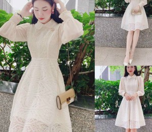 Đầm ren tay dài cổ sen