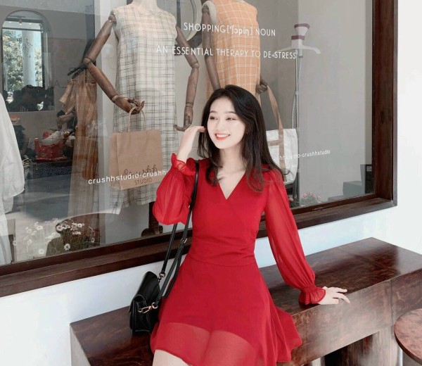 Đầm Cổ tim tay phồng 